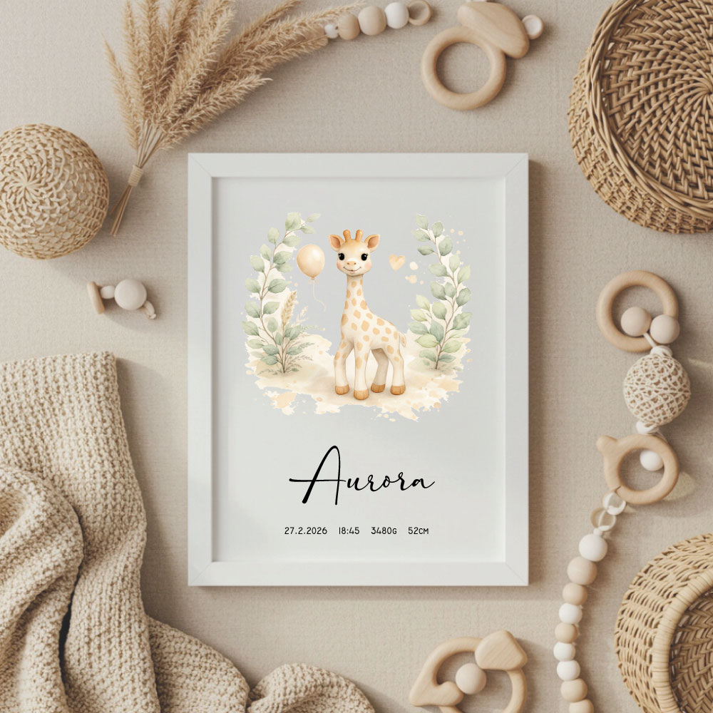 Grafika Žirafa grafika, grafika z rojstnimi podatki, okvir z rojstnimi podatki, print z rojstnimi podatki, plakat z rojstnimi podatki, personalizirana grafika, darilo ob rojstvu, telegram ob rojstvu, personalizirano darilo, darilo z imenom za novorojenčka