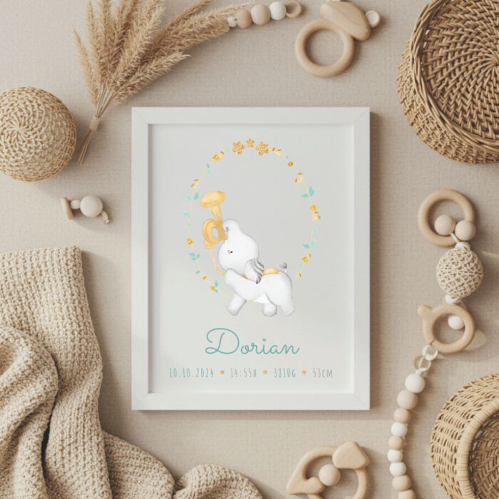 grafika, grafika z rojstnimi podatki, okvir z rojstnimi podatki, darilo ob rojstvu, telegram, personalizirano darilo, darilo z imenom za novorojenčka, slonček