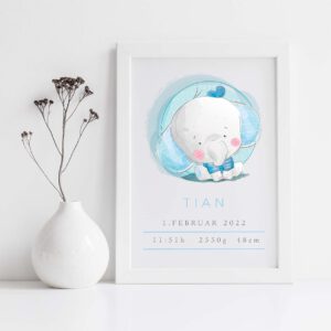 grafika, grafika z rojstnimi podatki, okvir z rojstnimi podatki, darilo ob rojstvu, telegram, personalizirano darilo, darilo z imenom za novorojenčka, slonček