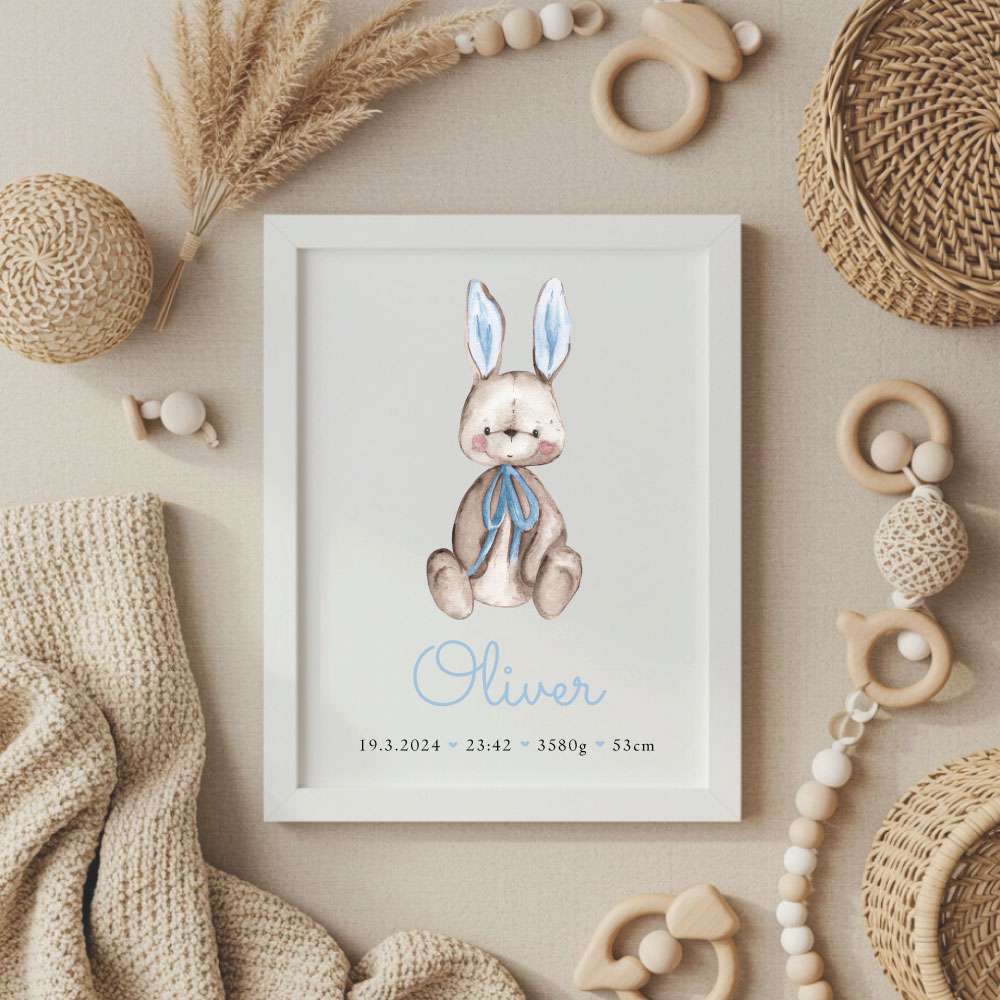 Grafika Zajček grafika, grafika z rojstnimi podatki, okvir z rojstnimi podatki, print z rojstnimi podatki, plakat z rojstnimi podatki, personalizirana grafika, darilo ob rojstvu, telegram ob rojstvu, personalizirano darilo, darilo z imenom za novorojenčka