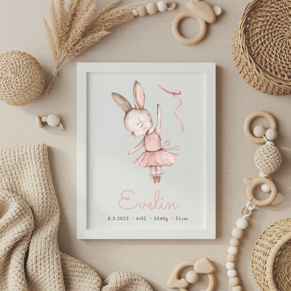 Grafika Zajčica grafika, grafika z rojstnimi podatki, okvir z rojstnimi podatki, print z rojstnimi podatki, plakat z rojstnimi podatki, personalizirana grafika, darilo ob rojstvu, telegram ob rojstvu, personalizirano darilo, darilo z imenom za novorojenčka