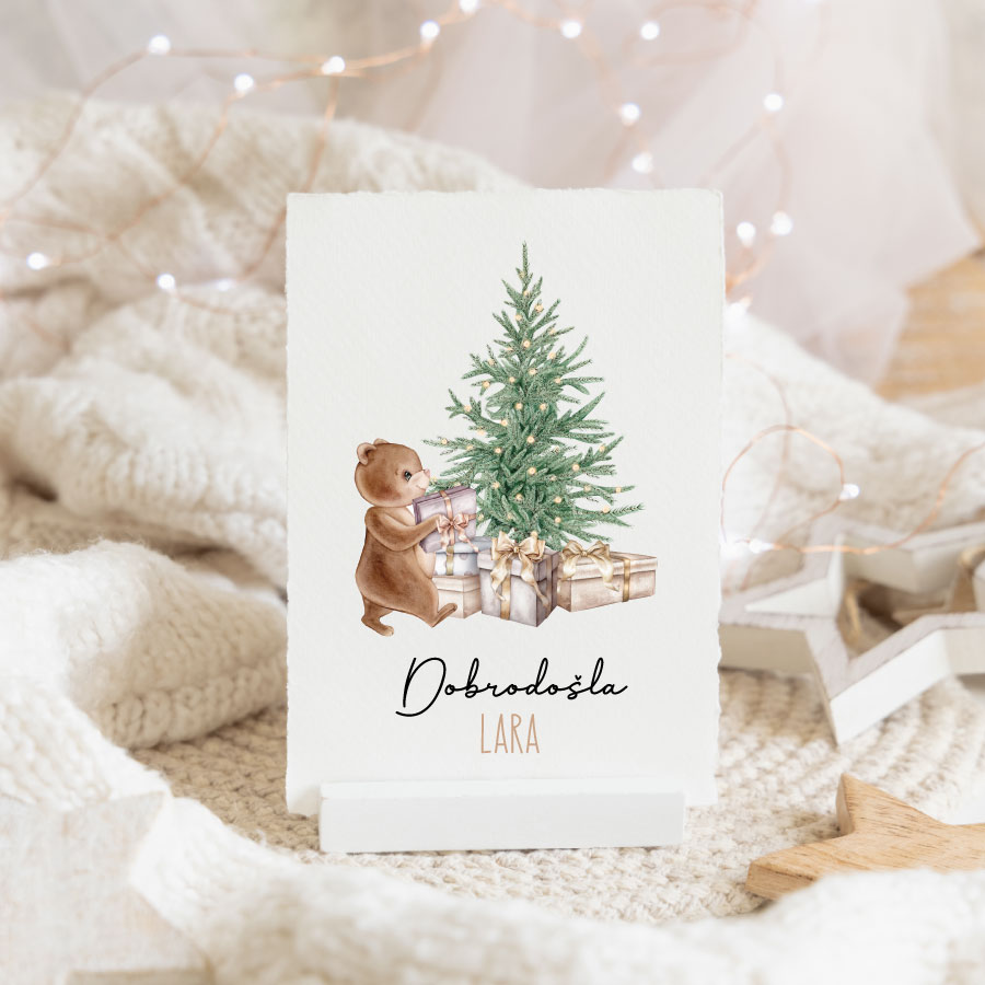 Čestitka-Smrekica božič, božična čestitka ob rojstvu otroka, čestitka ob rojstvu otroka, voščinca ob rojstvu otroka, personalizirana čestitka za rojstvo otroka, personalizirana božična čestika, božični telegrami ob rojstvu otroka