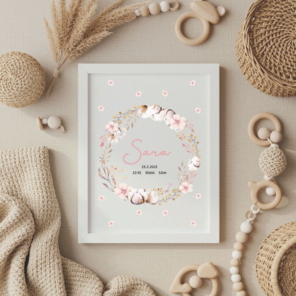 Grafika Cvetlična deklica grafika, grafika z rojstnimi podatki, okvir z rojstnimi podatki, print z rojstnimi podatki, plakat z rojstnimi podatki, personalizirana grafika, darilo ob rojstvu, telegram ob rojstvu, personalizirano darilo, darilo z imenom za novorojenčka
