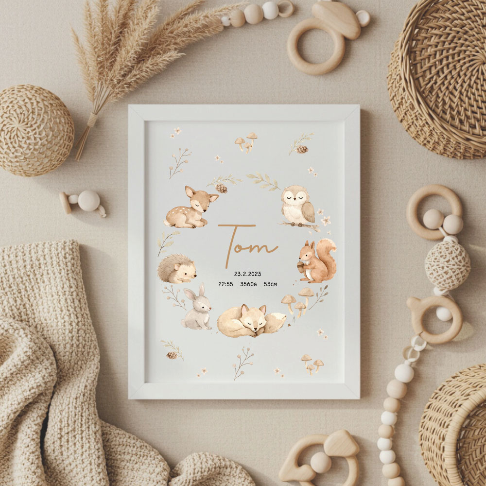 Grafika Gozdni prijatelji grafika, grafika z rojstnimi podatki, okvir z rojstnimi podatki, print z rojstnimi podatki, plakat z rojstnimi podatki, personalizirana grafika, darilo ob rojstvu, telegram ob rojstvu, personalizirano darilo, darilo z imenom za novorojenčka